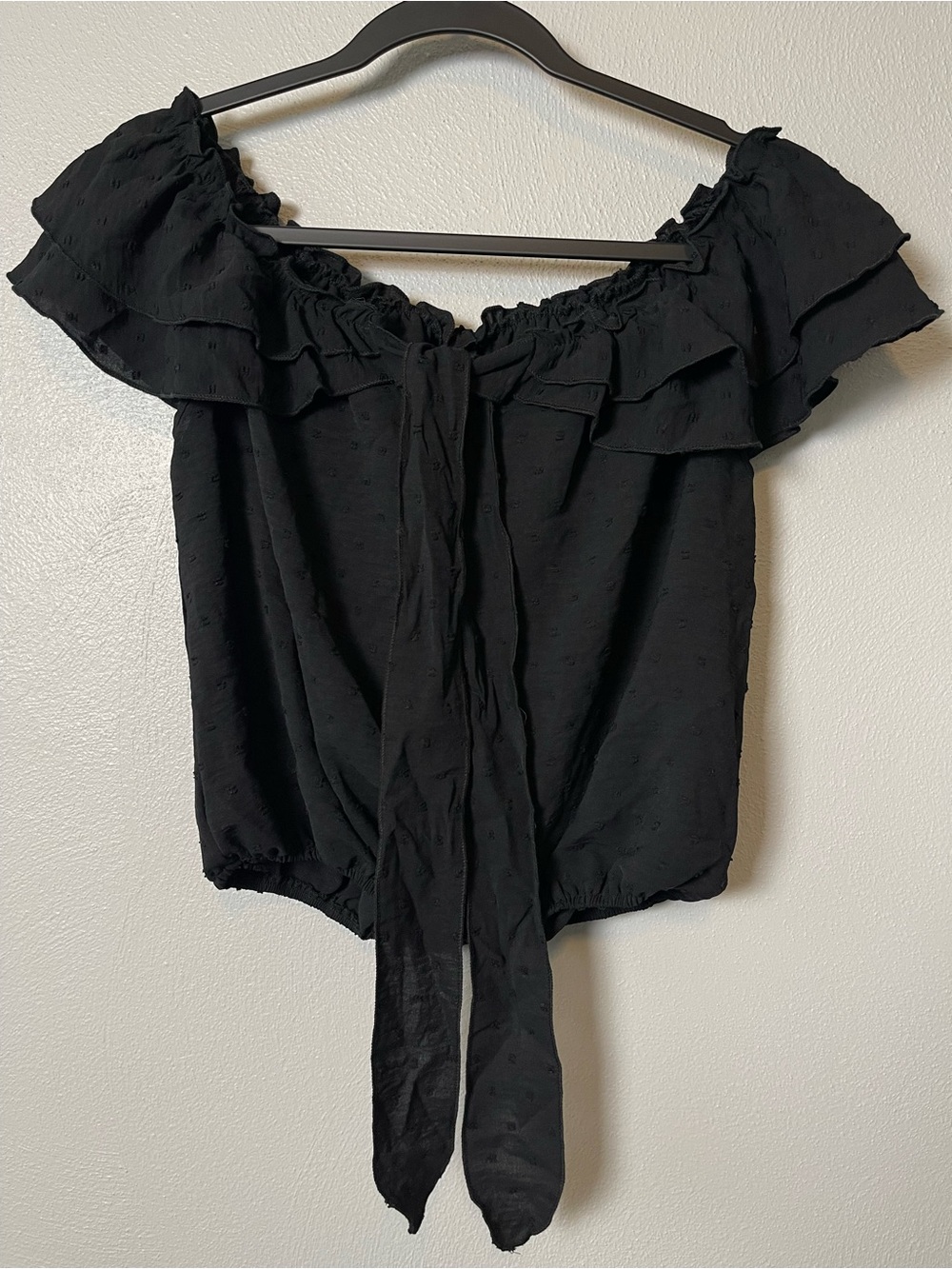Off-Shoulder Ruffle Tie-Front Top in Black